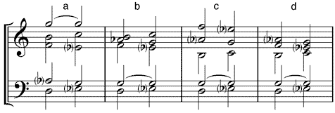 2. Umstellung des D9 - Alternative Weiterführung der D9-Quinte zur T-Terz (a) Oktavlage - (b) Terzlage - (c) Septlage - (d) Nonlage