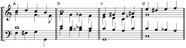 Liegestimme: (a) harmonisches Band – (b) Liegestimme Sopran (c) Orgelpunkt – (d) zwei Liegestimmen